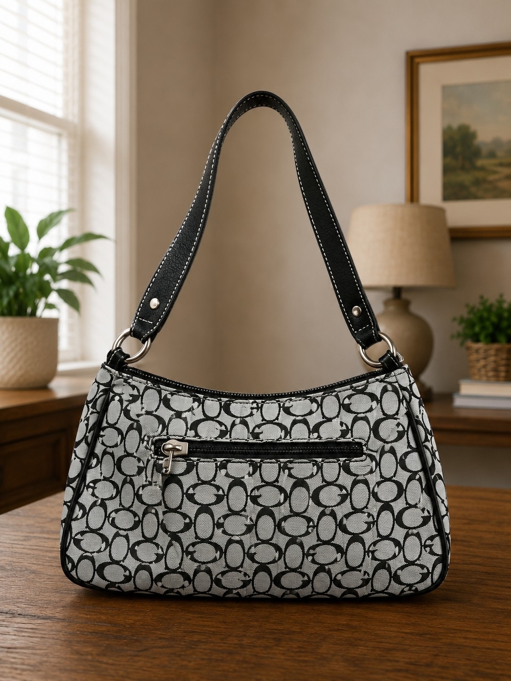 Monogram Black and Gray Signature Jacquard Shoulder Bag with Studded Trim - Picture 3 of 3